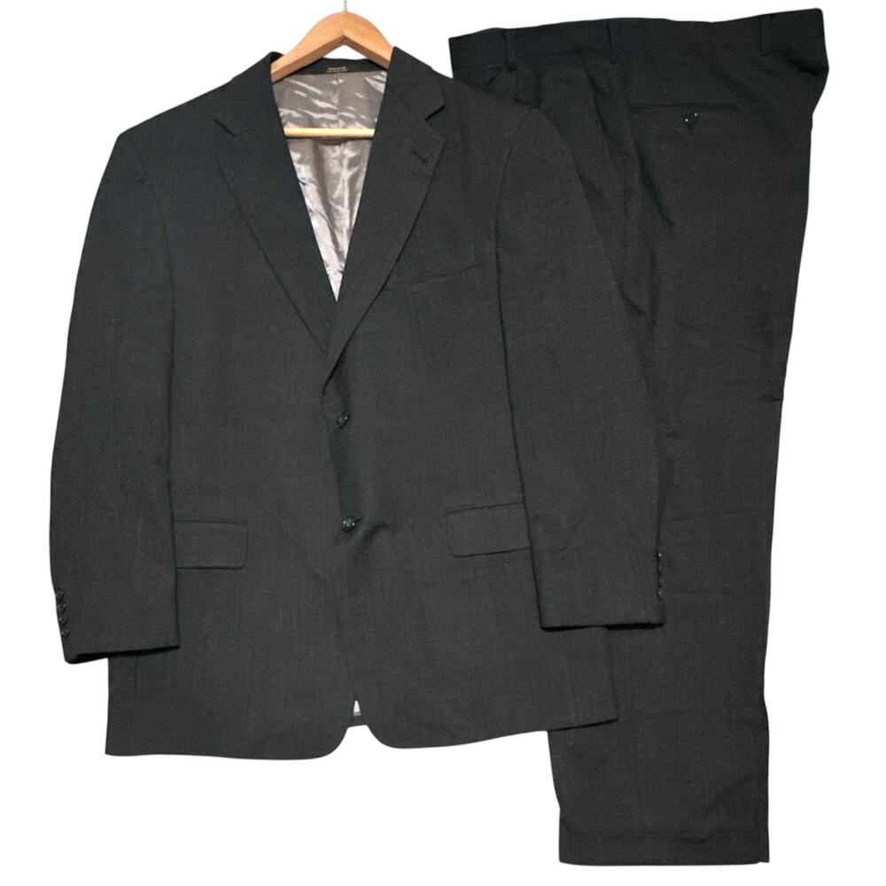 Hart Schaffner Marx Suit Mens 44R Black Nailhead 2 Piece 2 Button Pleated Cuffed